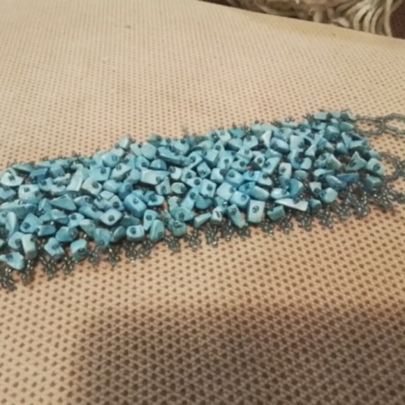 Turquoise Beads With Blue Small Beads Loon Cuff Woman Bracelet Vintage (M3) - Picture 3 of 4